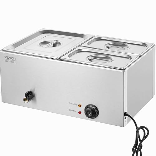 VEVOR Calentador de alimentos comercial de 110 V, 3 bandejas de acero inoxidable Bain Marie de capacidad de 21 cuartos de galón, calentador de sopa