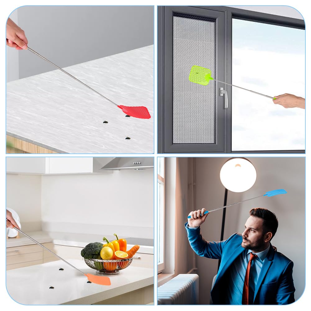 Scacciamosche Estensibile, 6 Pezzi Manuale Paletta Mosche Manico Telescopico Acciaio Inossidabile Regolabile da 26.5cm a 73cm Robusto Scaccia Mosche per Prevenire Mosche Zanzare (Multicolore)