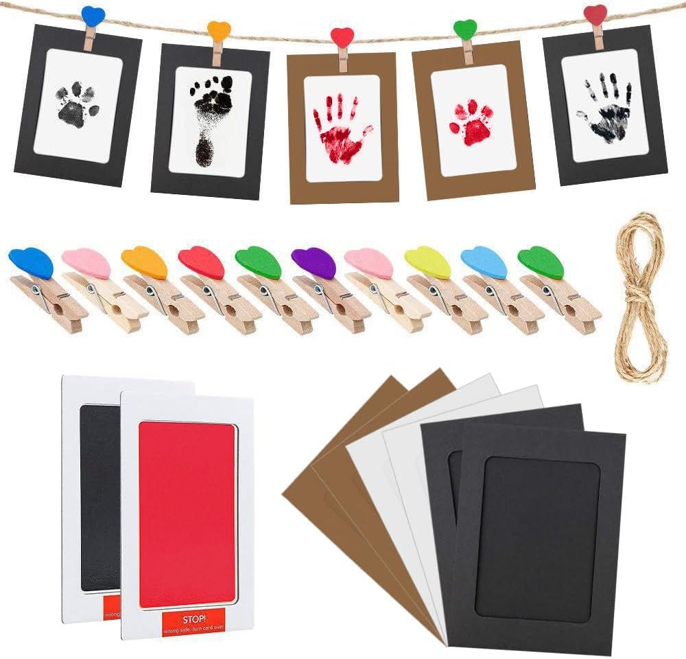JZS Baby Handprint and Footprint Kit, 2 Colors Ink Pad with Clip Decoration for Baby Hand Footprints and Dog Paw Print Kit, Inkless Clean Touch Baby Foot Printing Kit