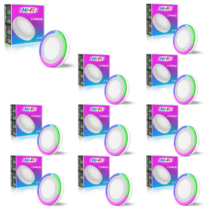 Image of Hi-Fi Chroma 2-in-1 6W+3W Double Color Round LED Surface Light for Home & Office | (Cool White + PGB (Pink + Green + Blue), Pack of 10)