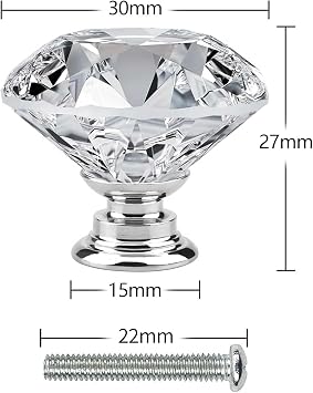 6 Pcs Cabinet Knobs 30mm Crystal Glass Cabinet Door Knobs with Screws Diamond Shaped Cupboard Dresser Wardrobe Drawer Pull Handles for Decorating Wardrobe Home and Office