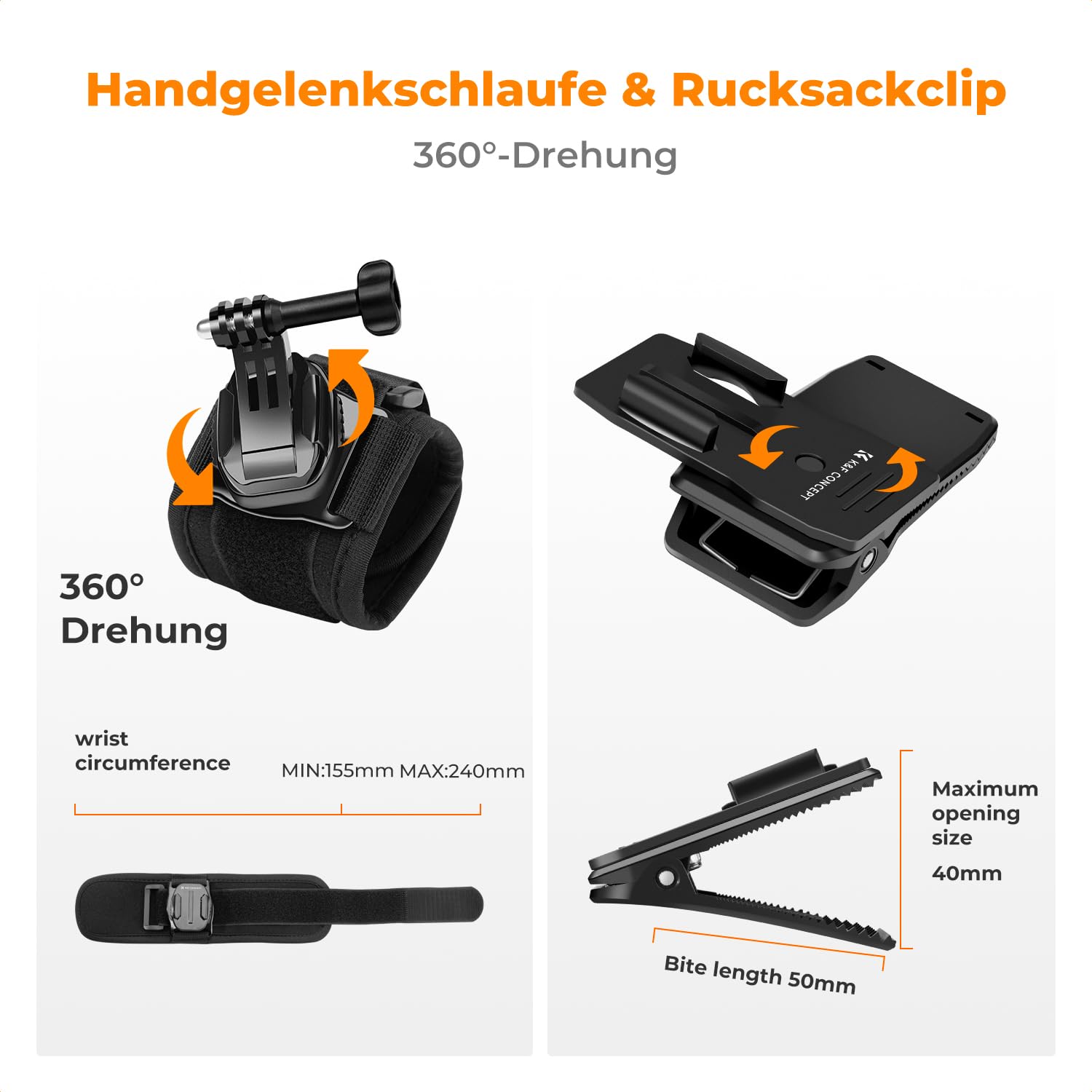 K&F CONCEPT Action Kamera Zubehör Kit Brustgurt Rucksack DJI Osmo 360/Insta360 X5/X4/X3 Schultergurt Halterung 360° drehbare Kopfgurt und Handschlaufe für GoPro Hero 13/12/11/10/9/8/Osmo Action Series
