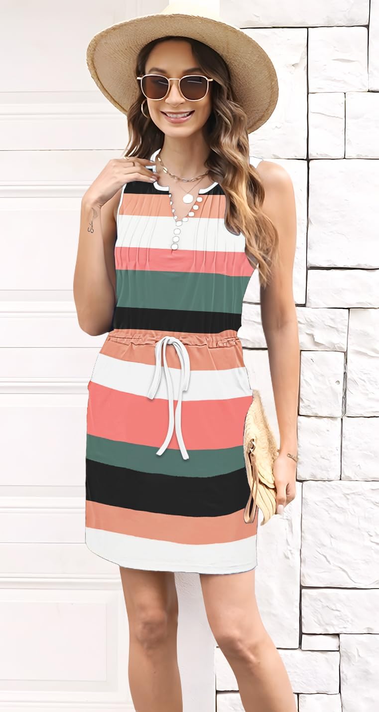 ETCYY Womens Summer Casual Dresses Sleeveless Beach Vacation Sundresses Drawstring Waist Short Striped Dress with Pockets - Image 3
