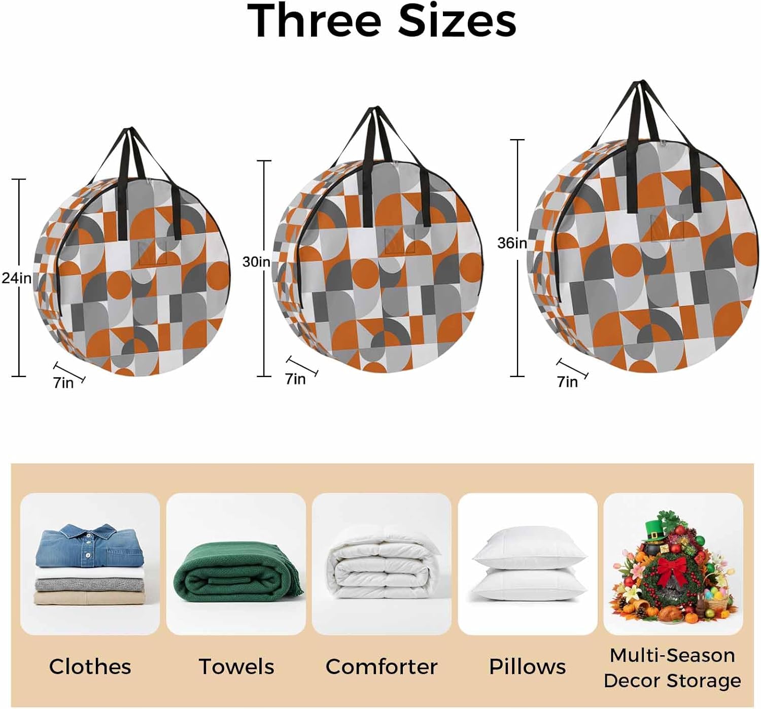 Nordic Retro Round Storage Bag 36 Inch, Orange Grey Geometric Abstract Art Clothes Storage Container with Handles Heavy Duty Organizer for Comforter, Bedding & Holiday Wreaths