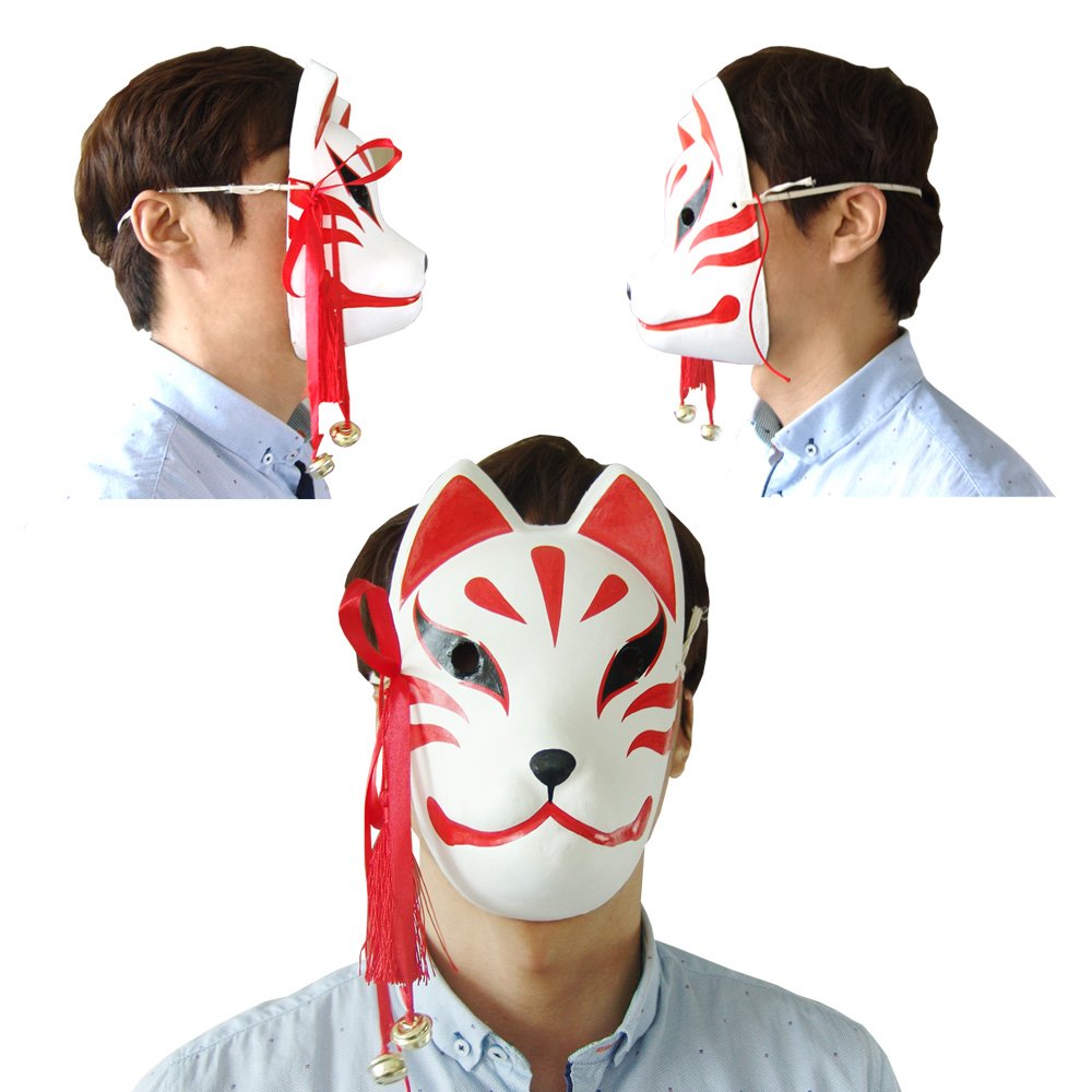 珍お面　ハンドメイド(鬼娘風) 大特価】お面 狐面 和風 きつね さくら 仮面道具小物 鈴付き 3枚