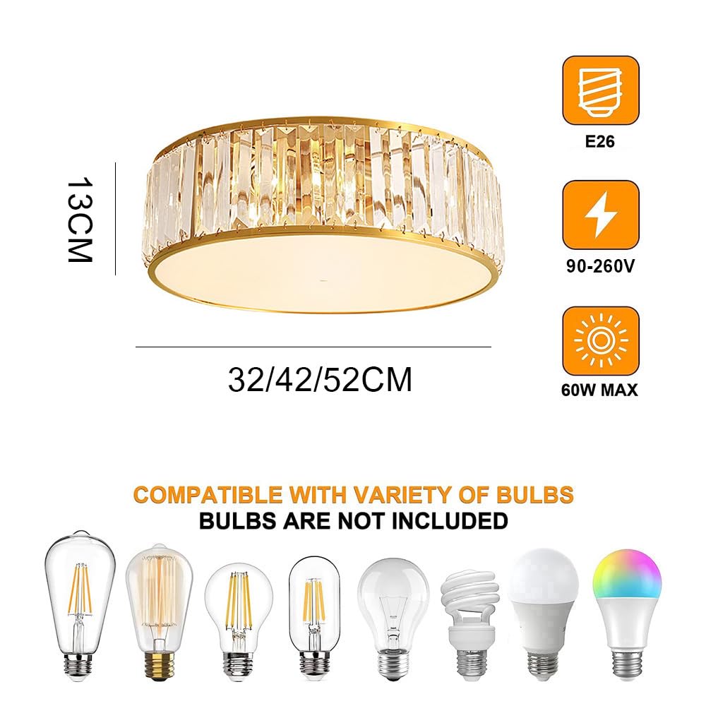Plafoniera semi incasso – Lampada da soffitto dorata con accenti di cristallo per corridoio, ingresso, camera da letto, bagno e portico