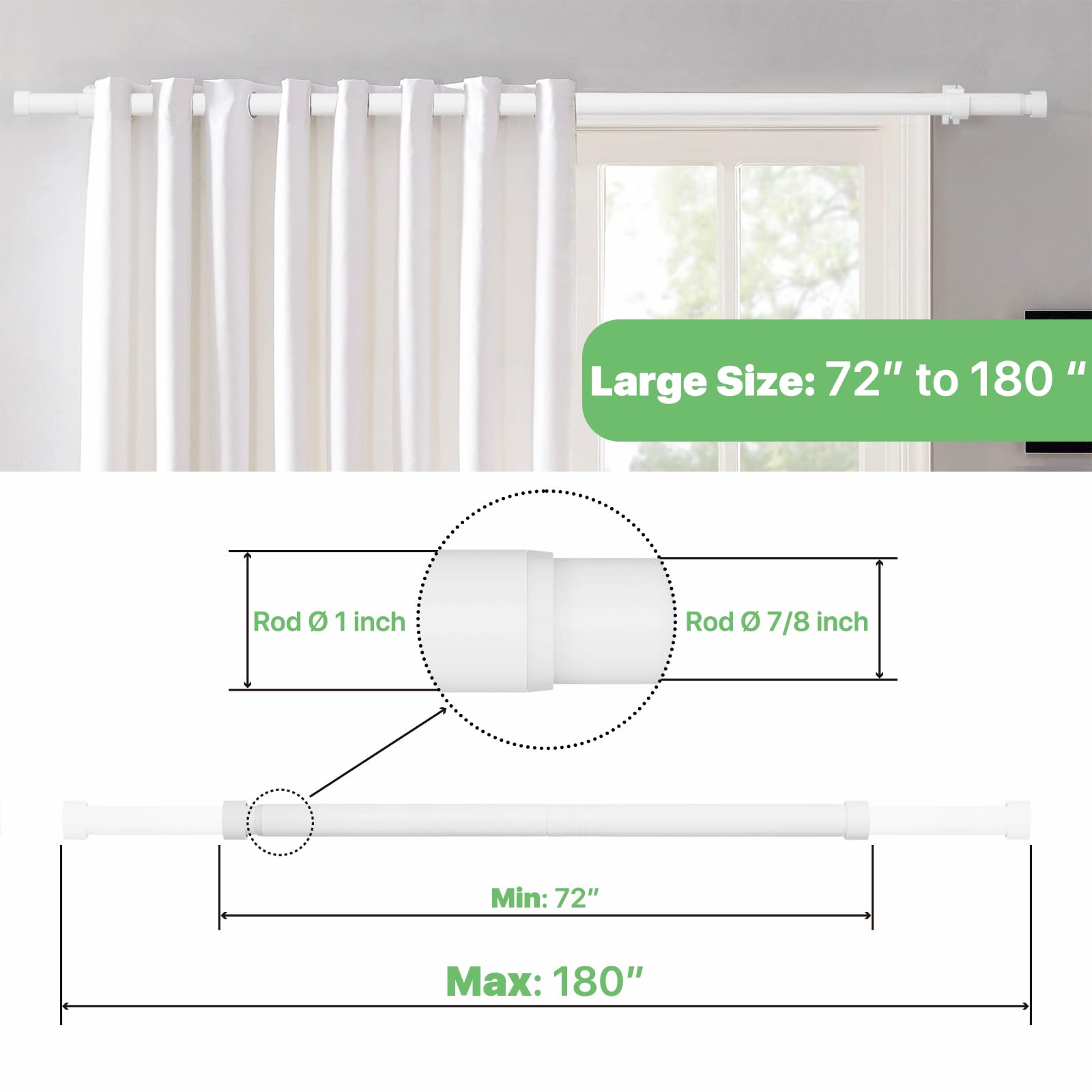 Gardinenstangen, 457,2 cm, strapazierfähig, weiß, für Außenbereich, Wohnzimmer, Schlafzimmer, moderne Gardinenstange aus Metall mit Endkappen, 3 bis 4,5 m Gardinenstangen-Set mit Halterungen