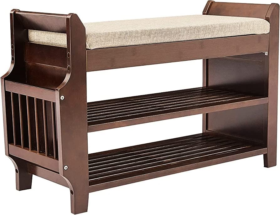 SHAYAR ART Sheesham Wood Shoe Rack Sitting Bench with Removable Cushion | 3 Tier Entryway Shoe Storage Organizer Shelf with Side Pocket Storage for Hallway, Living Room Office (Walnut Finish) 2
