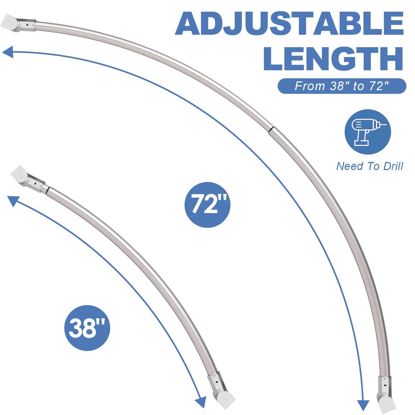 PrettyHome Adjustable Arched Curved Shower Curtain Rod Rustproof Expandable Aluminum Metal Shower Rod 38-72 Inches Telescoping Design Exquisite Customizable for Bathroom,Need To Drill,Brushed Nickel