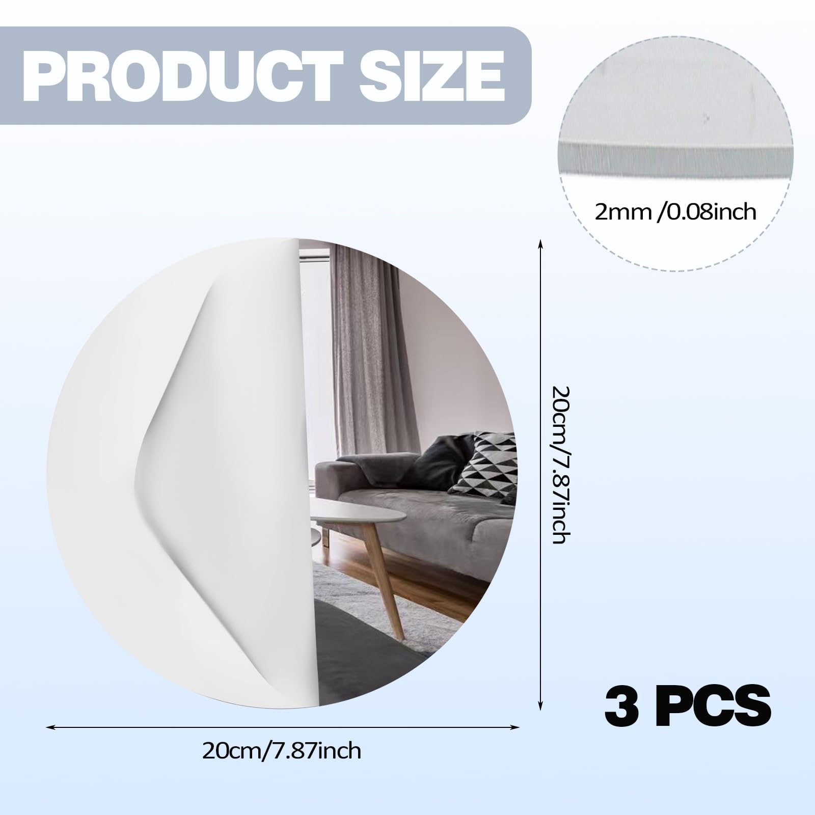 VOSSOT Lot de 3 miroirs ronds autocollants - 20 cm - En acrylique - Pour salle de bain, salon, chambre à coucher - Rond - Petit