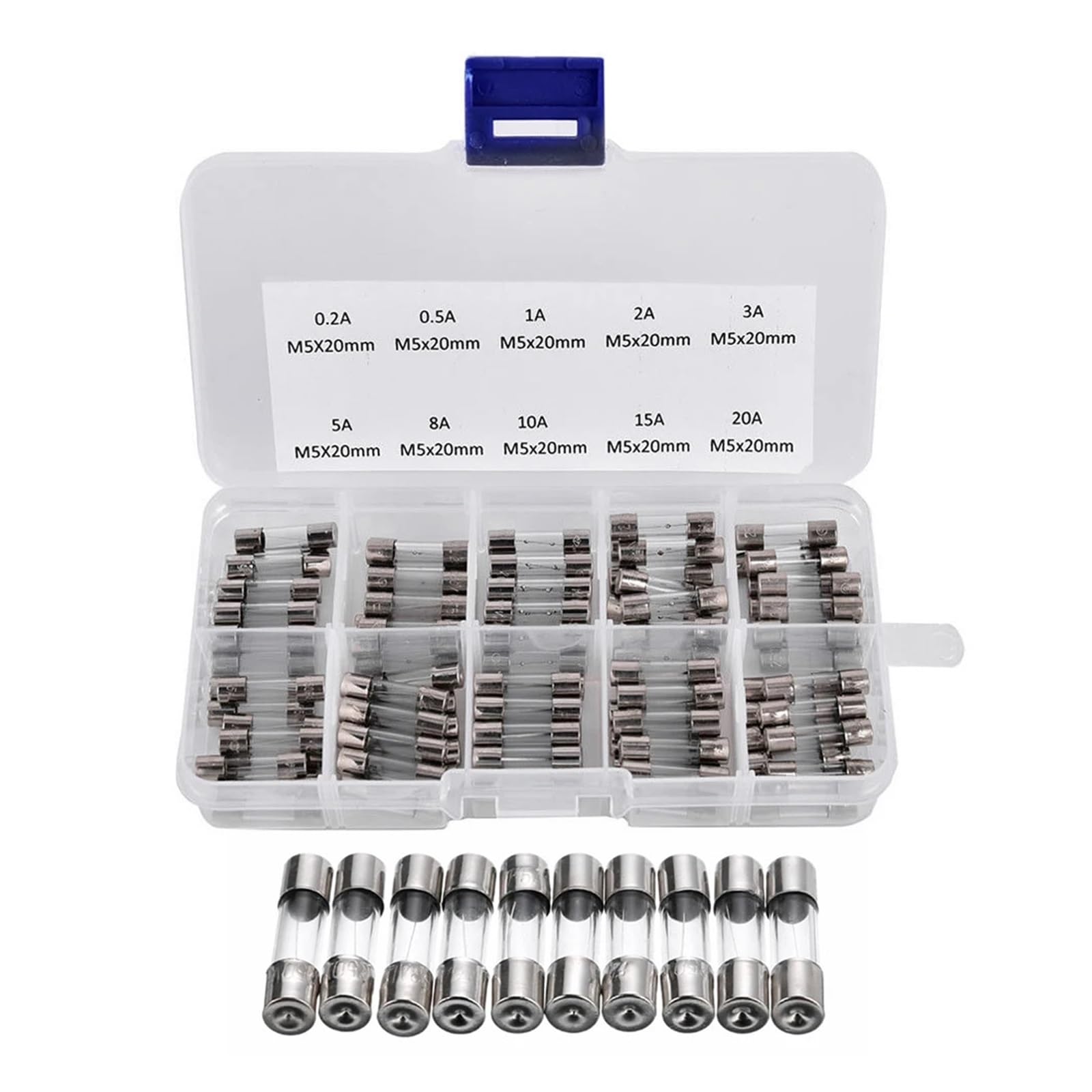 Kit assortito di fusibili a tubo vetro da 100 pezzi, ampere 0,2 A-20 A, a fusione rapida, 250 V, confezione con scatola immagazzinaggio