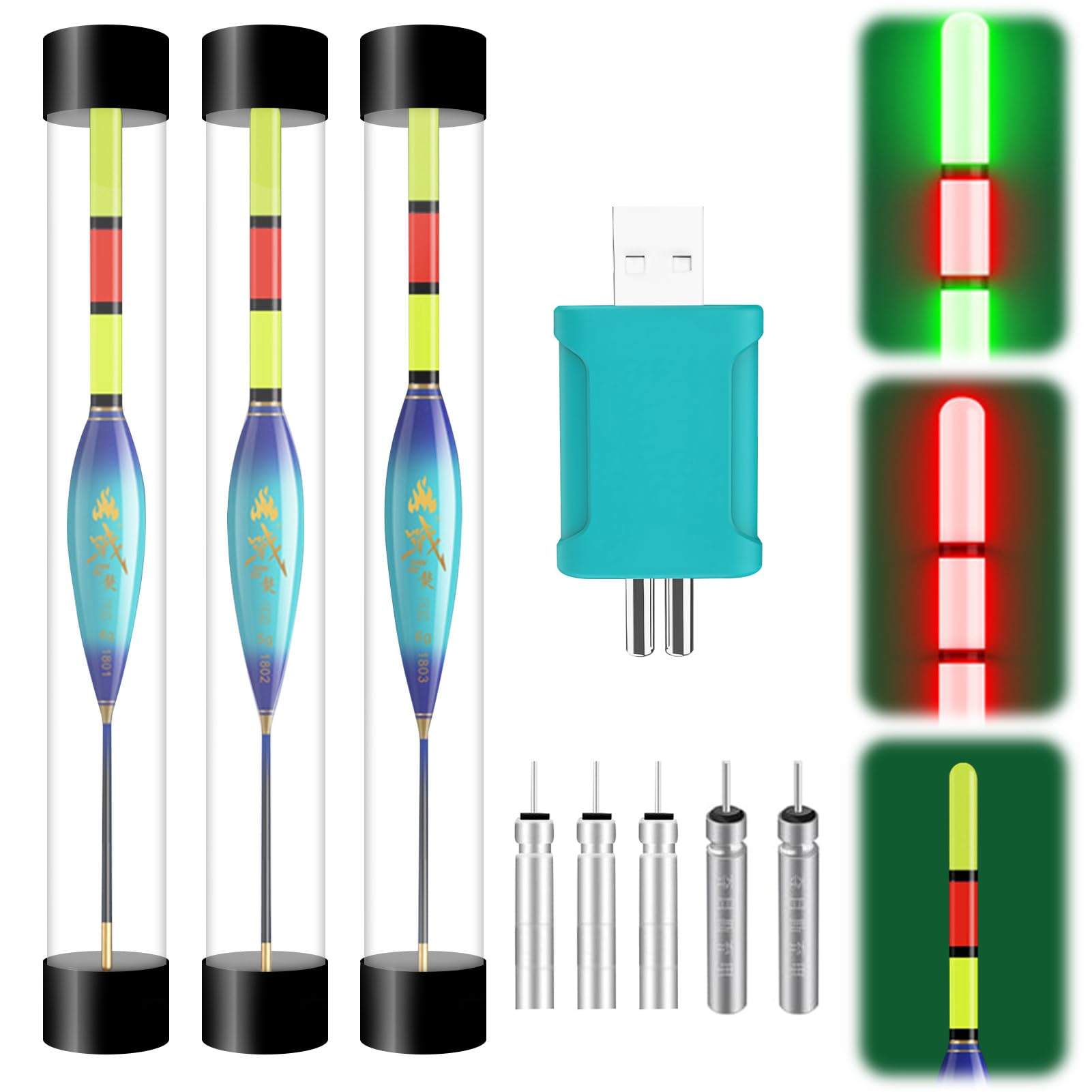 Hekasvm LED Fishing Floats Set 4 g / 6 g / 8 g Can Change Colour When the Fish Bits the Hook, Fishing Accessories Fishing Floats with Battery Charger and Rod Battery Type CR425 (4g/5g/6g-B)
