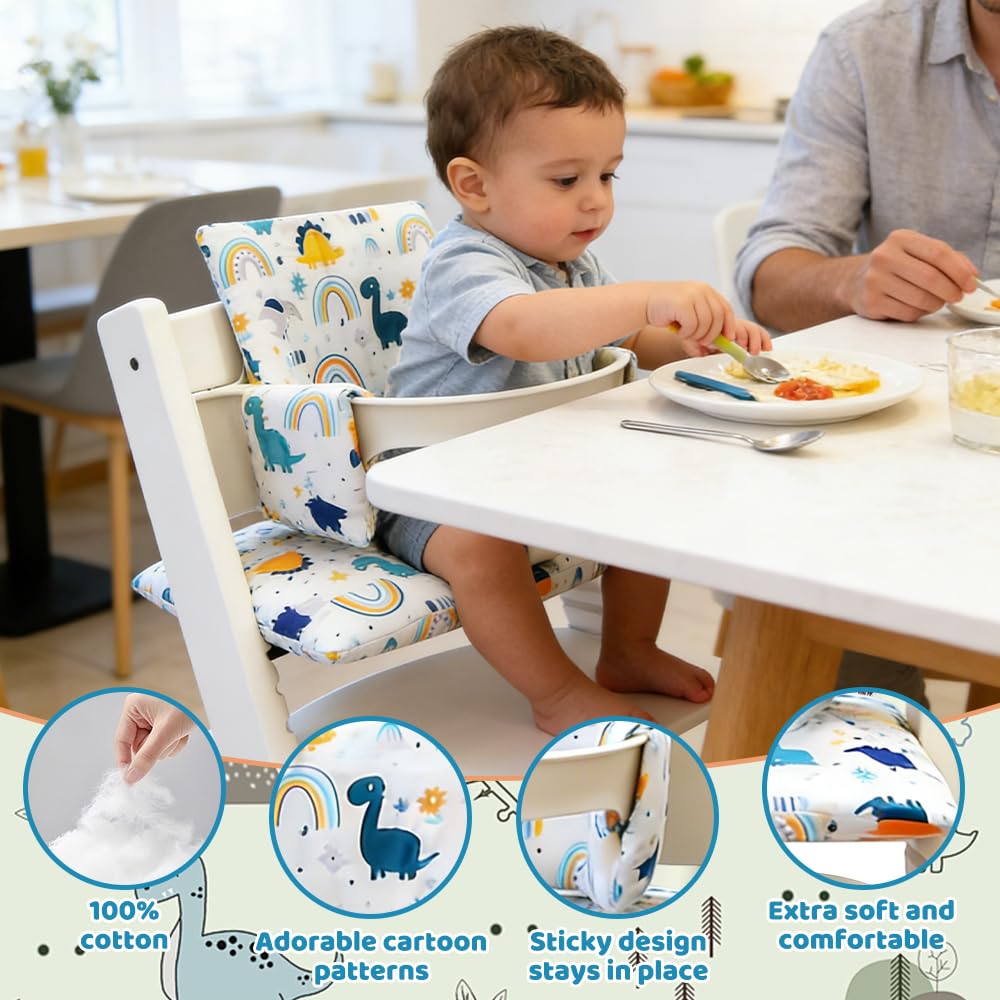 Cuscini per Seggiolone Tripp Trapp Stokke, ADDLIVE 2 Metodi di Installazione, Sfoderabili e Lavabili, Fissati con Velcro, (Regno dei dinosauri)
