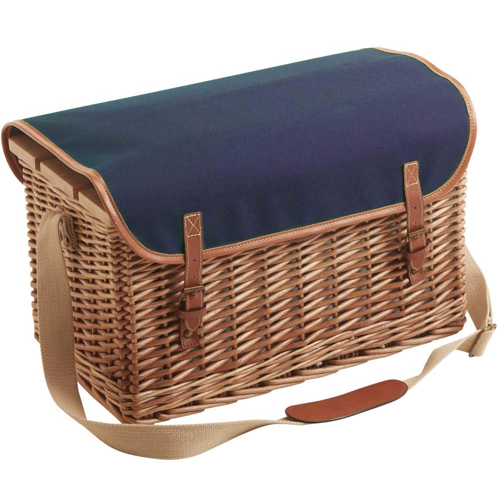 Les Jardins de la Comtesse - Cesta de Picnic Saint Honoré Azul - Cinchas de Cuero - 4 Personas - Nevera Isotermica/Mesa Extraíble - Platos de Cerámica/Copas de Vino en Cristal - 45 x 28 x 28 cm