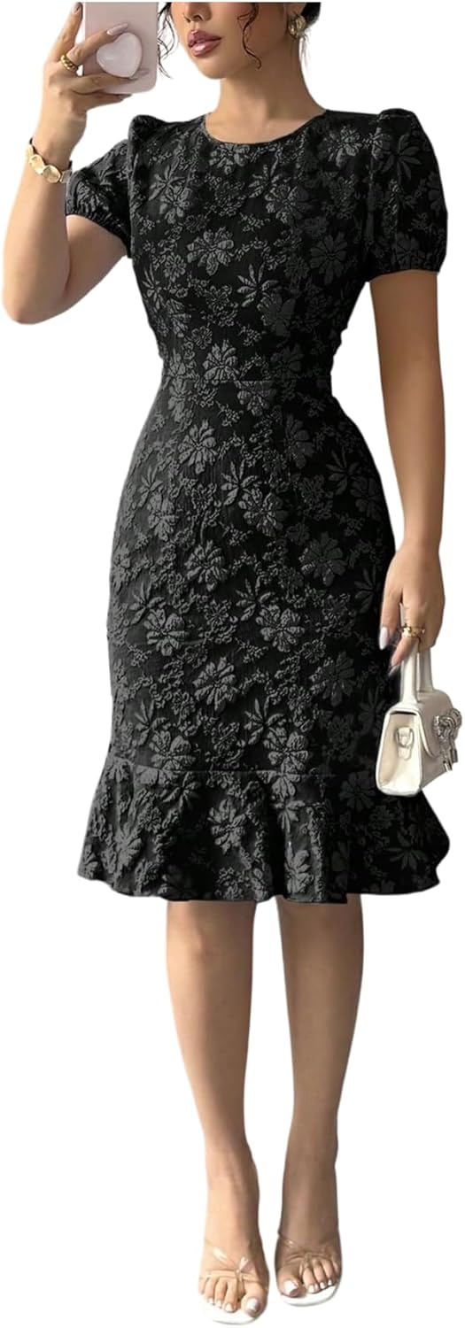 SOLY HUX Women's Puff Sleeve Ruffle Dress Elegant Jacquard Crew Neck Bodycon Going Out Dresses