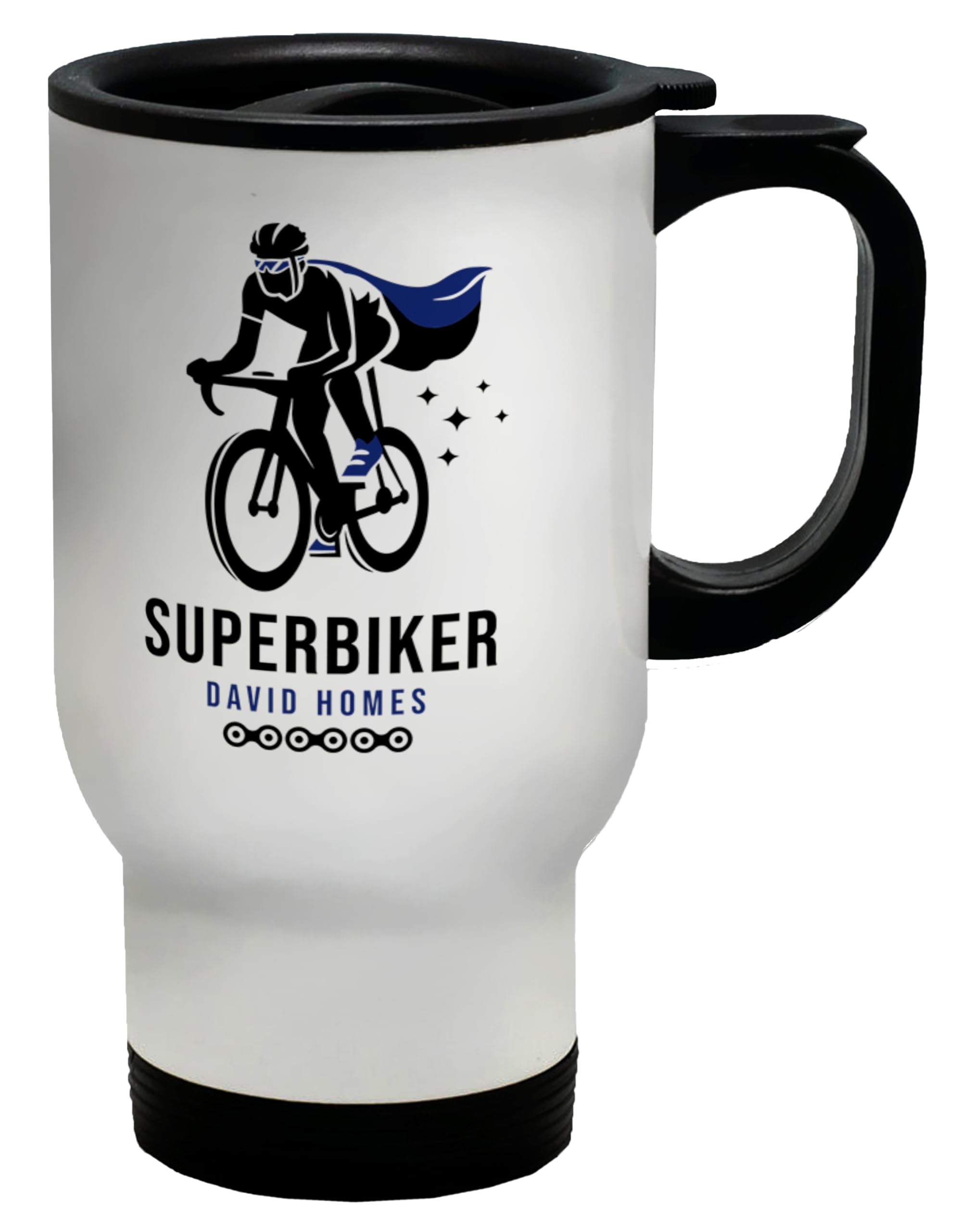 Shopagift Personalised Superbiker Travel Mug Cycling Cyclist in Superhero Cape Gift Stainless Steel 14oz Cup