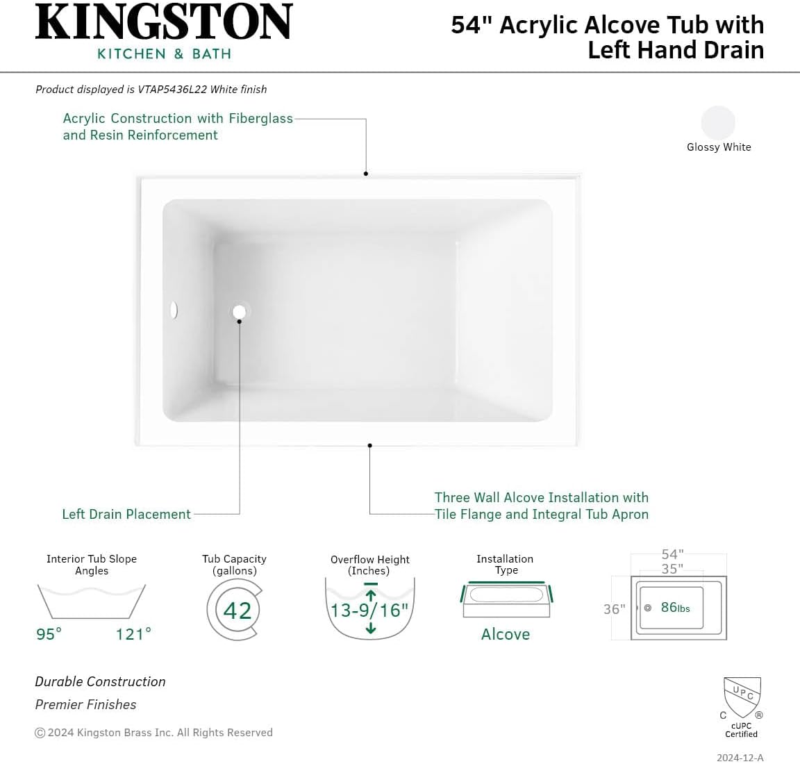 Aqua Eden VTAP5436L22 54-Inch Acrylic 3-Wall Alcove Tub with Left Hand Drain, Glossy White