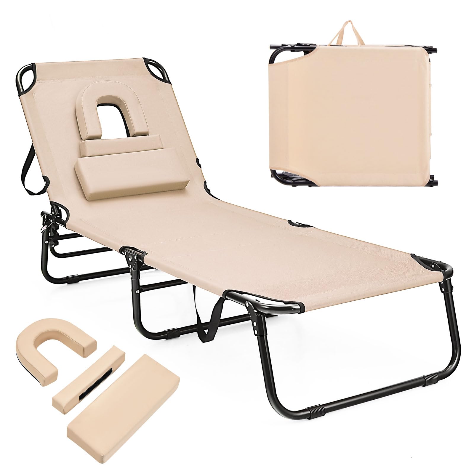 RELAX4LIFE Folding Sun Lounger, 5-Position Adjustable Outdoor Chaise Lounge Chair with Face Hole & 3 Removable Pillows, Beach Face Down Tanning Reclining Sunbed Deck Chair for Garden Patio (Beige) — image 1