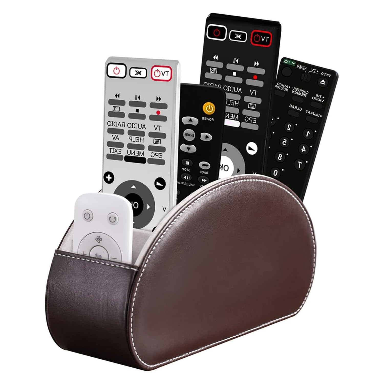 Exquilnova Remote Control Holder with 5 Pockets, Leather Remote Control Storage for TV, DVD, 4K Stick and Bluray Remote Controls, Also as Desk Organiser for Pens, Cosmetics (Brown)