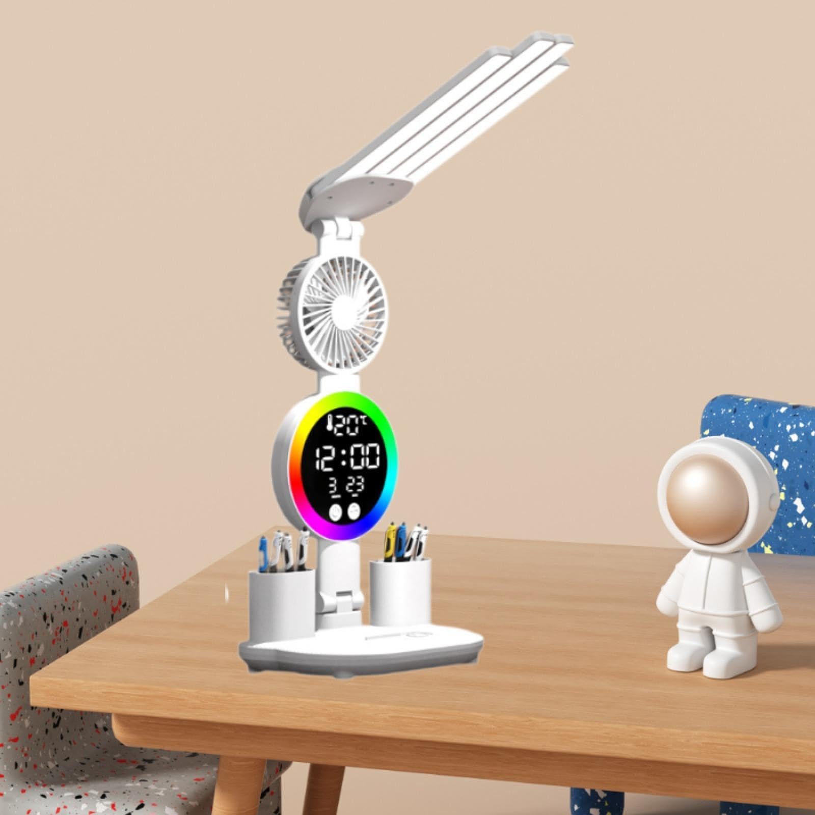 Fenteer Schreibtischlampe, Leselampe mit Stifthalter, mit Uhr, Datum, Temperatur, Standlicht, Dekor, tragbares Augenschutz-Nachttischlicht, mit Lüfter