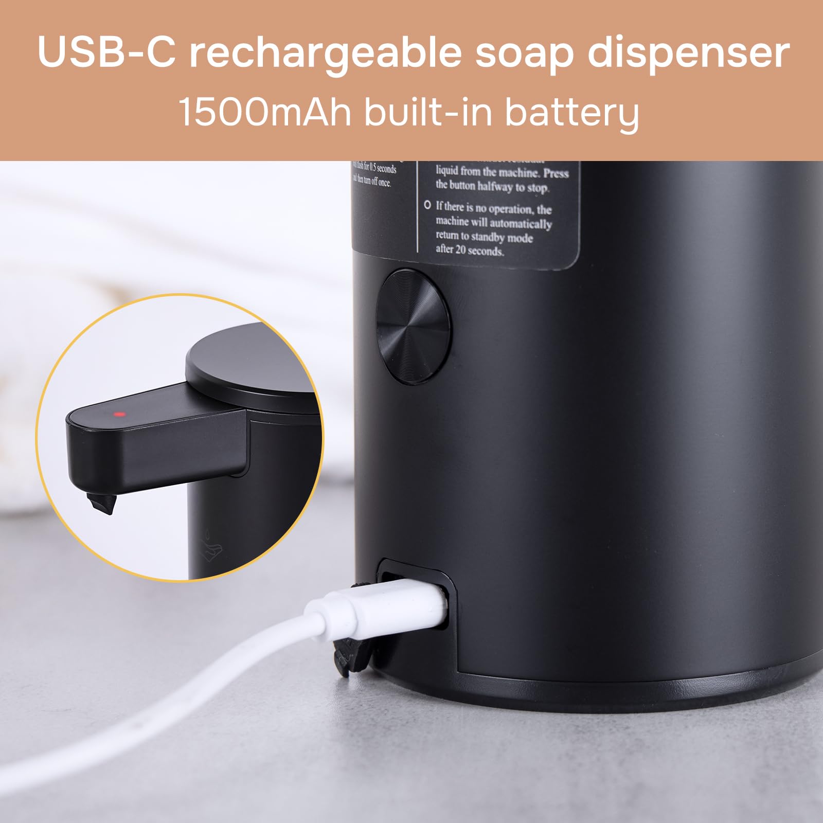 Dispenser automatico di sapone in acciaio inossidabile con sensore Dispenser di sapone a infrarossi elettrico IPX5 impermeabile USB-C Ricarica Sensore di movimento per cucina e bagno nero