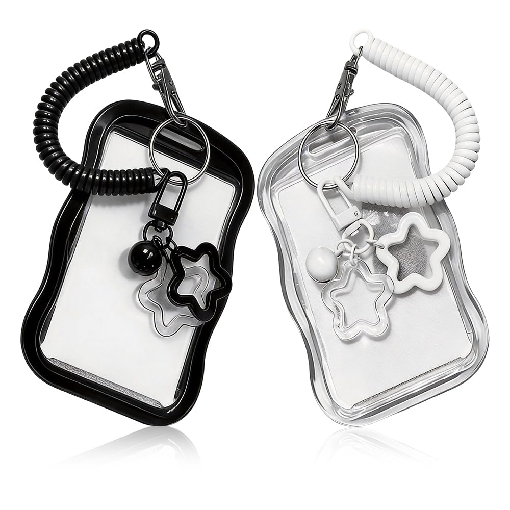 Photocard Holder Keyring 2Pcs Clear Acrylic ID Badge Holder with Retractable Spiral Coil Wristlet, Transparent Hard Case Protector for Travel Pass Bus Pass Work Permit, Wave Edge Design (Black, White)