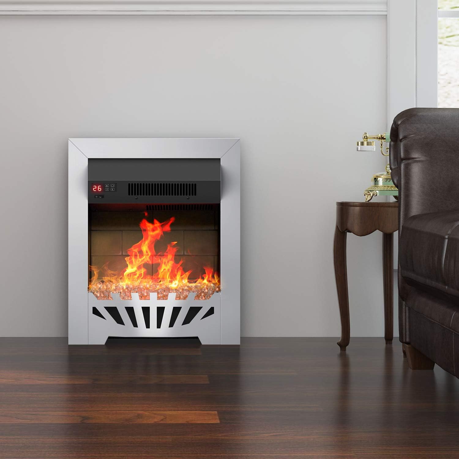 fam famgizmo 1800W Electric Fireplace โ 1.8KW Modern Freestanding Electric Fires with Adjustable Thermostat,Timer & Remote Control, Crystal Bed(Crystals Supplied) Glow Effect