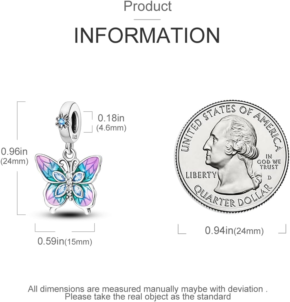 Hapour Butterfly Dangle Charm Bracelet Charm, Pendants Beads Charms for Necklaces Women Jewelry Gift Made of Sterling Silver, Cubic Zirconia & Enamel - Image 4