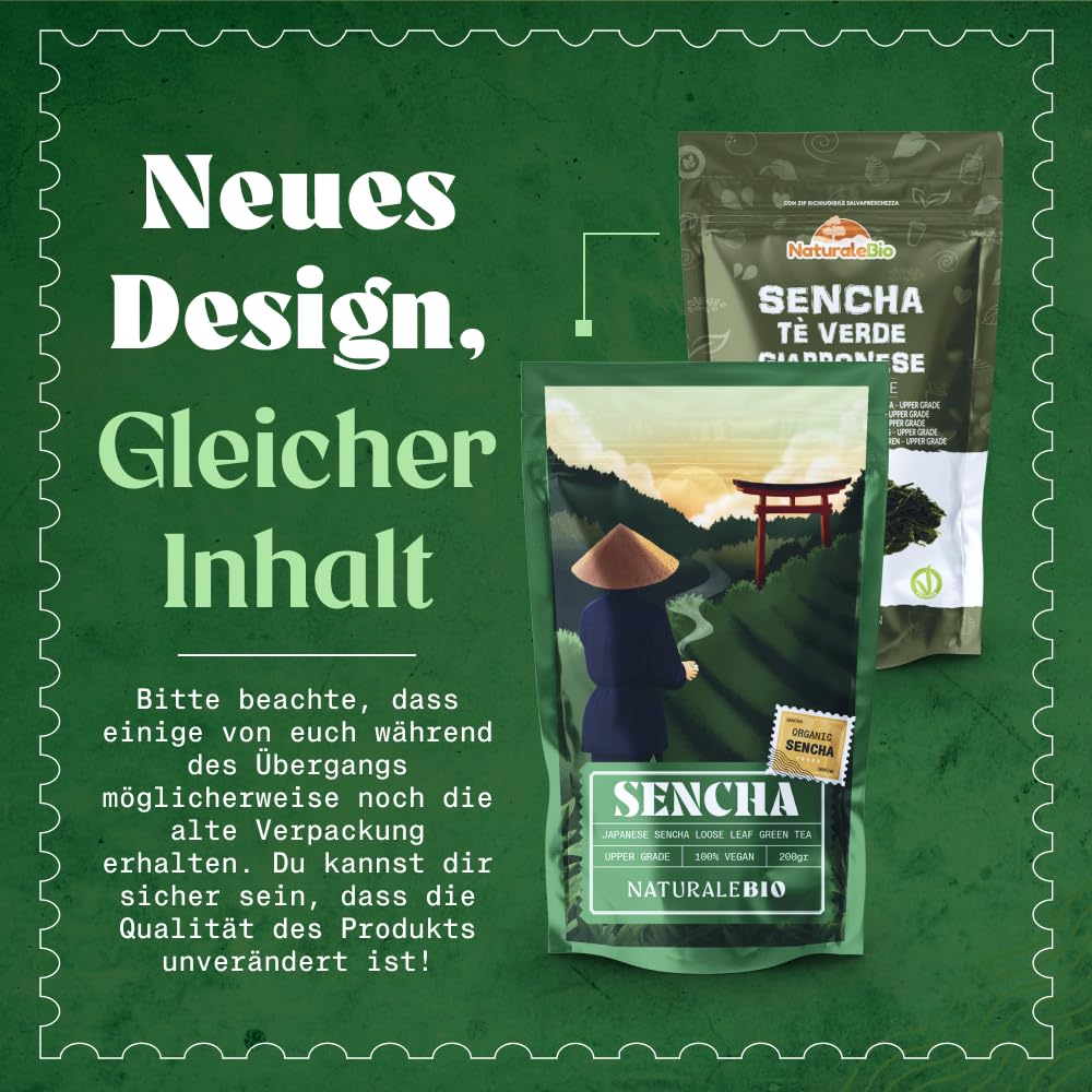 NaturaleBio Japanischer Sencha Tee – 200 g Bio Grüntee – 100% Reiner und natürlicher grüner japanischer Grüntee - Lose in Blättern der ersten Ernte – Bioprodukt angebaut in Japan