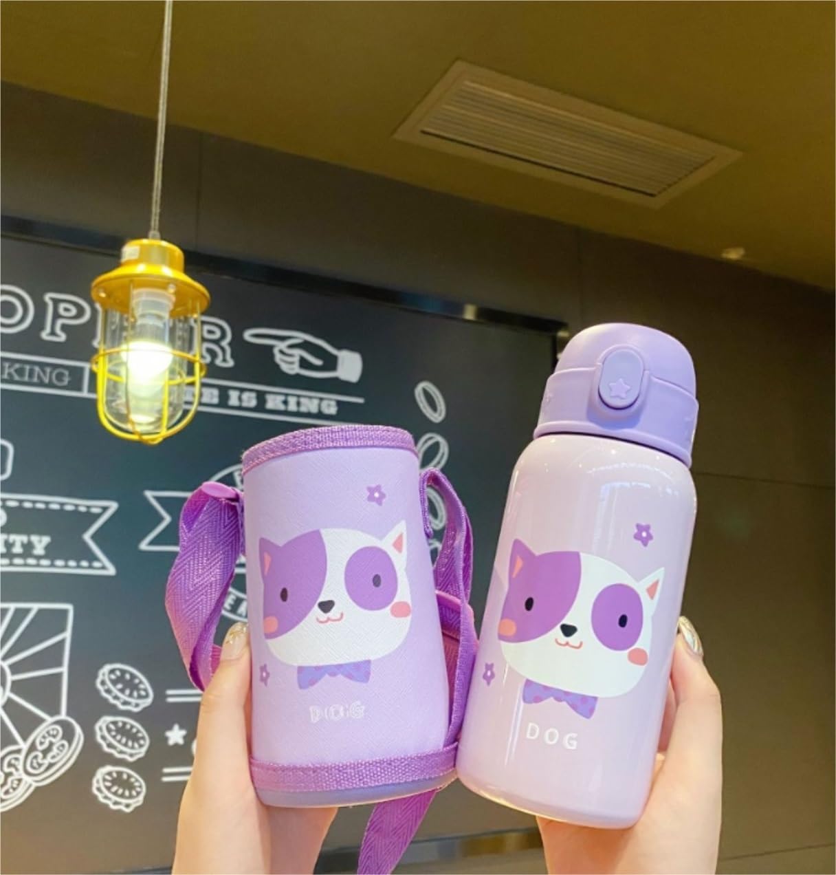 Butelka,Szczelna Outdoor Cute Animal Termos Kubek Kubek Ze Słomką Termiczna Szkoła Odkurzania Ze Stali Nierdzewnej Napoje(Purple)