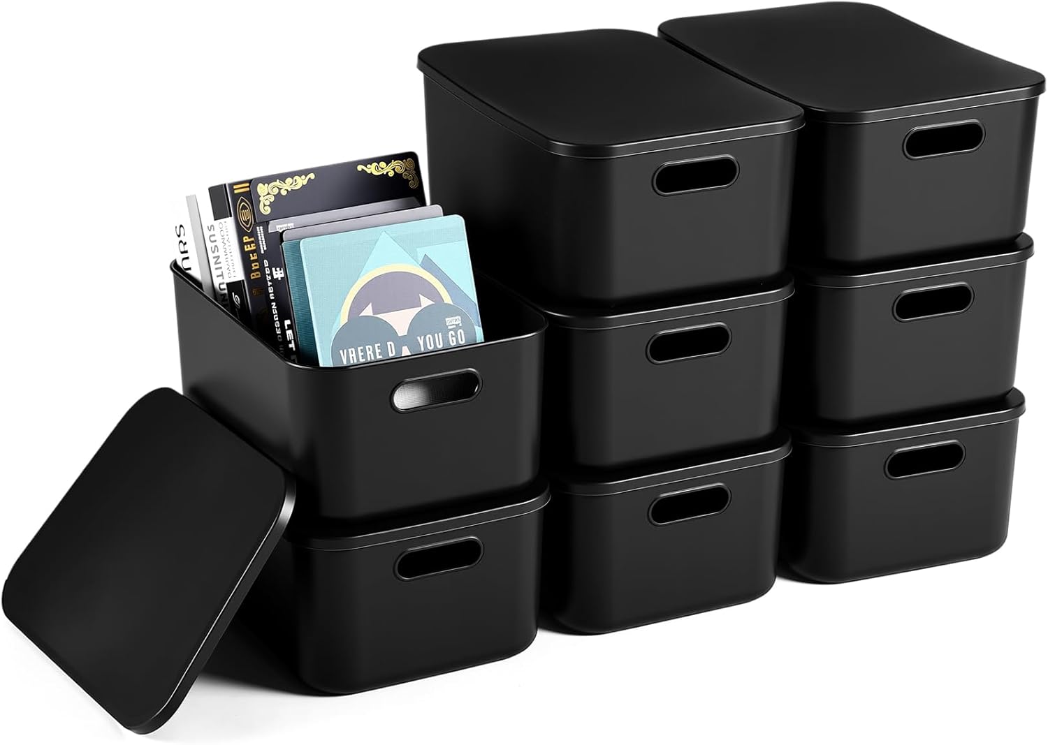 Hoolerry 5 Pieces Colorful Storage Bins with Lid, Plastic Storage Basket Organizing Container Stackable Box with Handle for Shelves Desktop Playroom Office(13.8 x 9.8 x 5.9 Inch,Black) 13.8 x 9.8 x 5.9 Inch Black