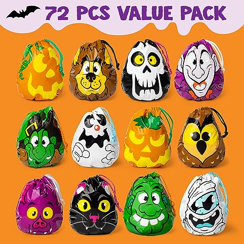 JOYIN 72PCS Halloween Drawstring Goody Bags, Halloween Treats Bags, Trick or Treat Bag, Goodie Candy Gift Bag Bulk for Kids Trick or Treating, Party Favors Supplies, 12 Designs Classroom Gifts Prizes2