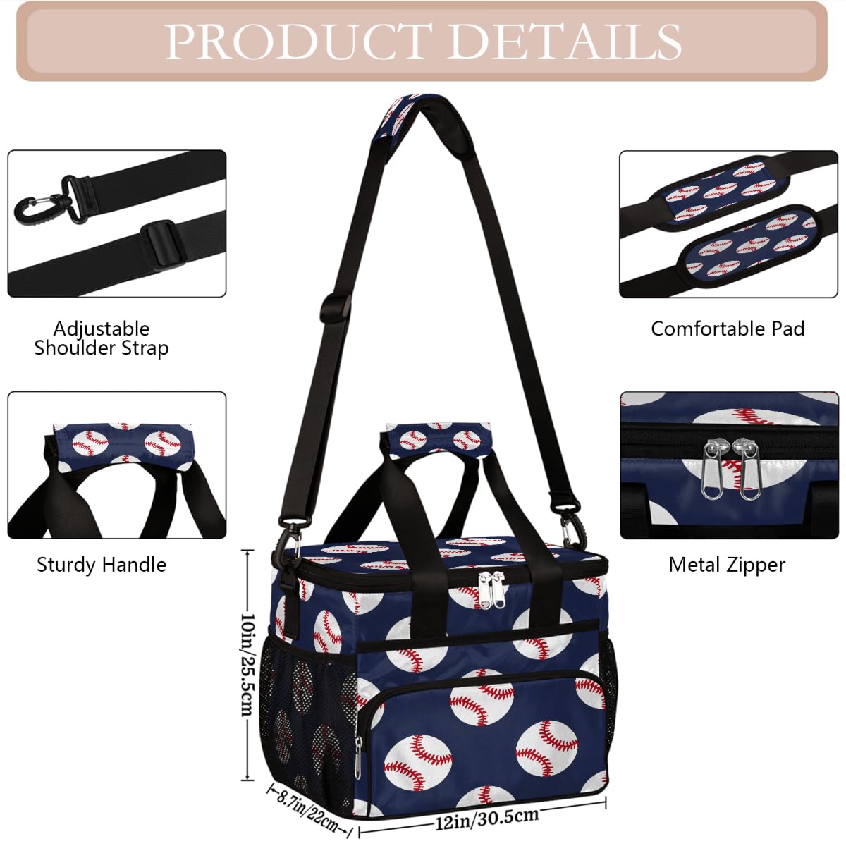 Mexpekil Borsa termica riutilizzabile a prova di perdite, motivo baseball blu, picnic, borsa termica a tema sport, borsa termica per donne, uomini, lavoro, campeggio, spiaggia, ufficio, 24 lattine, 15