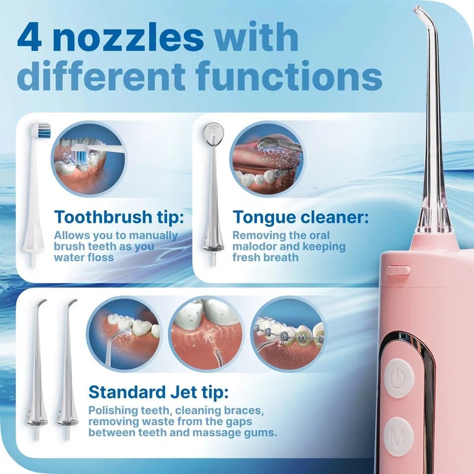 Coredless Water Dental Flosser Teeth Pick with 9 Modes, Portable Rechargeable Oral Irrigator for Teeth Cleaning and flossing, Travel Electric flosser for Adults with 4 Jet Tips IPX7 Waterproof, Pink