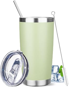 20 oz Tumbler with Lids and Straws, Stainless Steel Insulated Travel Coffee Mug, Double Wall Vacuum Insulated Tumblers, Powder Coated Coffee Tumbler for Cold & Hot Drinks Green Tea