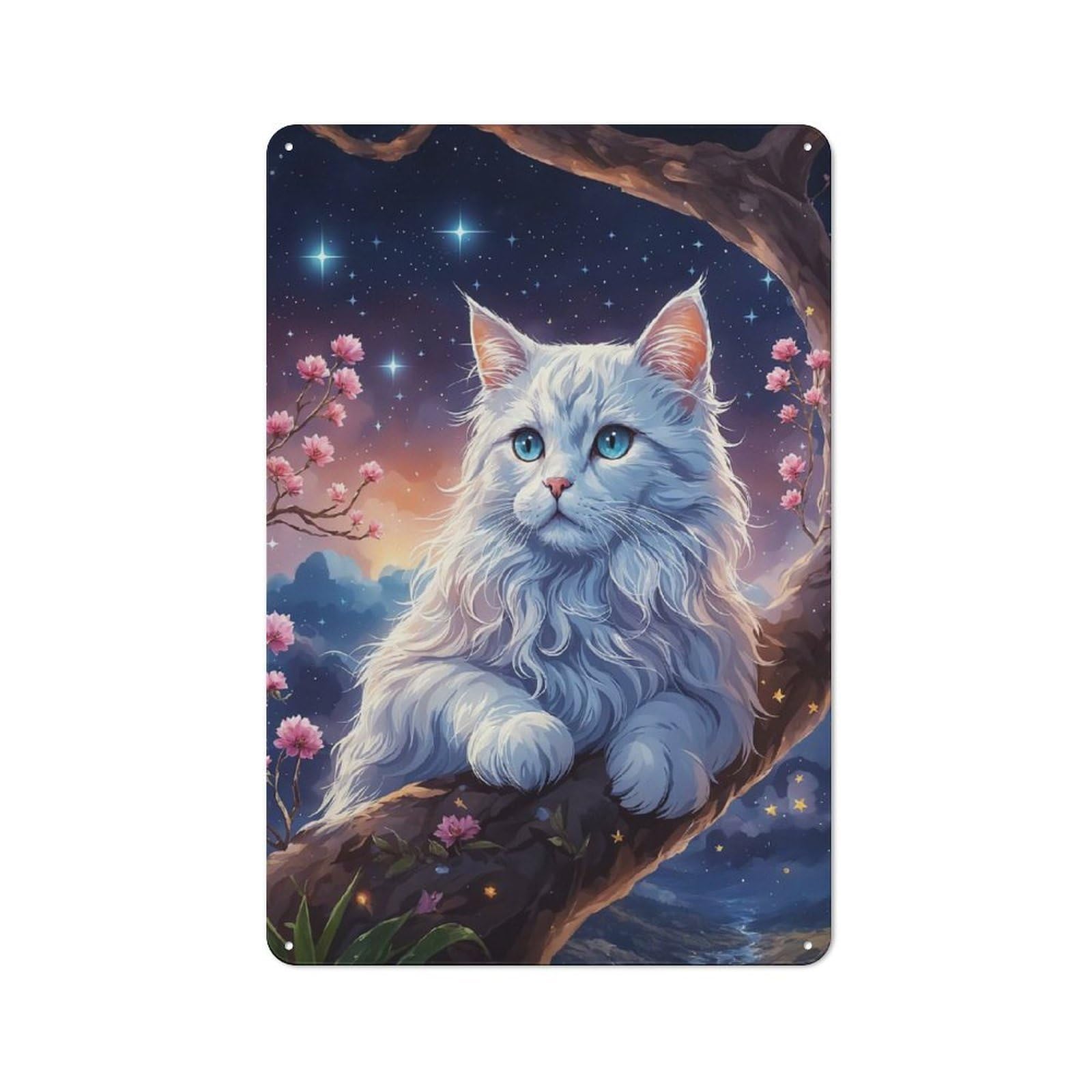 Junmoney White Cat In Cherry Blossom Tree For Living Room Or Hallway, Vintage Metal Plaque 30X20cm, For Vintage Wall Decor Fans, For Metal Sign Collectors