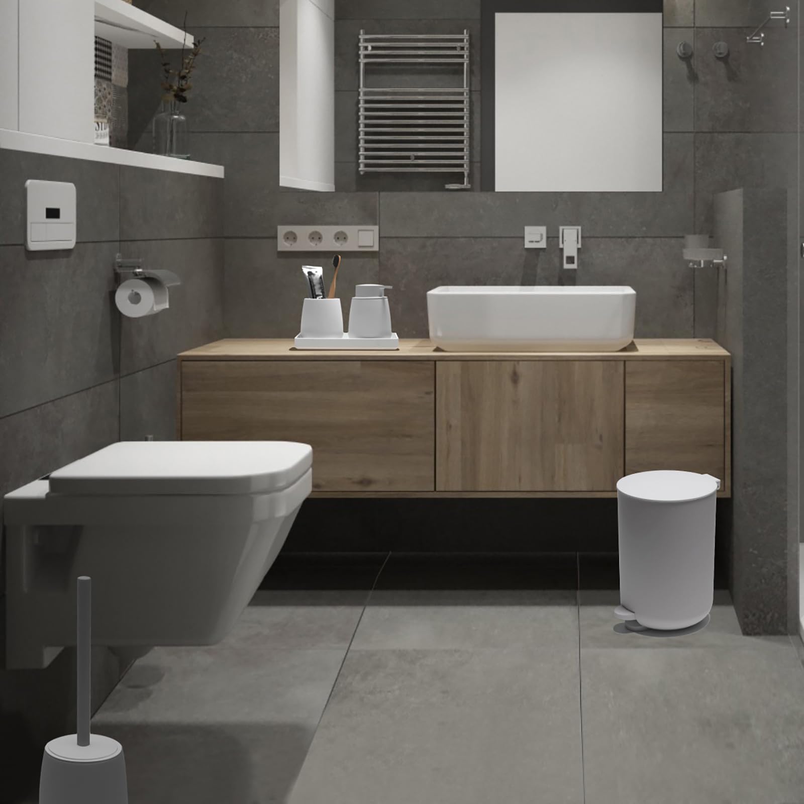 Badset Badezimmer Set Weiß, Modern Badausstattung Sets Organizer, Bad Set Mülleimer Klobürste Seifenspender und Zahnputzbecher Tablett 5 Teiliges (Weiß)