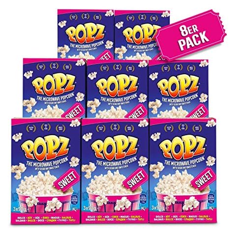 Popz Sweet Popcorn 8er Pack (8 x 270 g), Popcorn Mais für das perfekte Filmerlebnis zu Hause - Mikrowellenpopcorn mit leckerem süßen Geschmack, 2.16 kg Cover