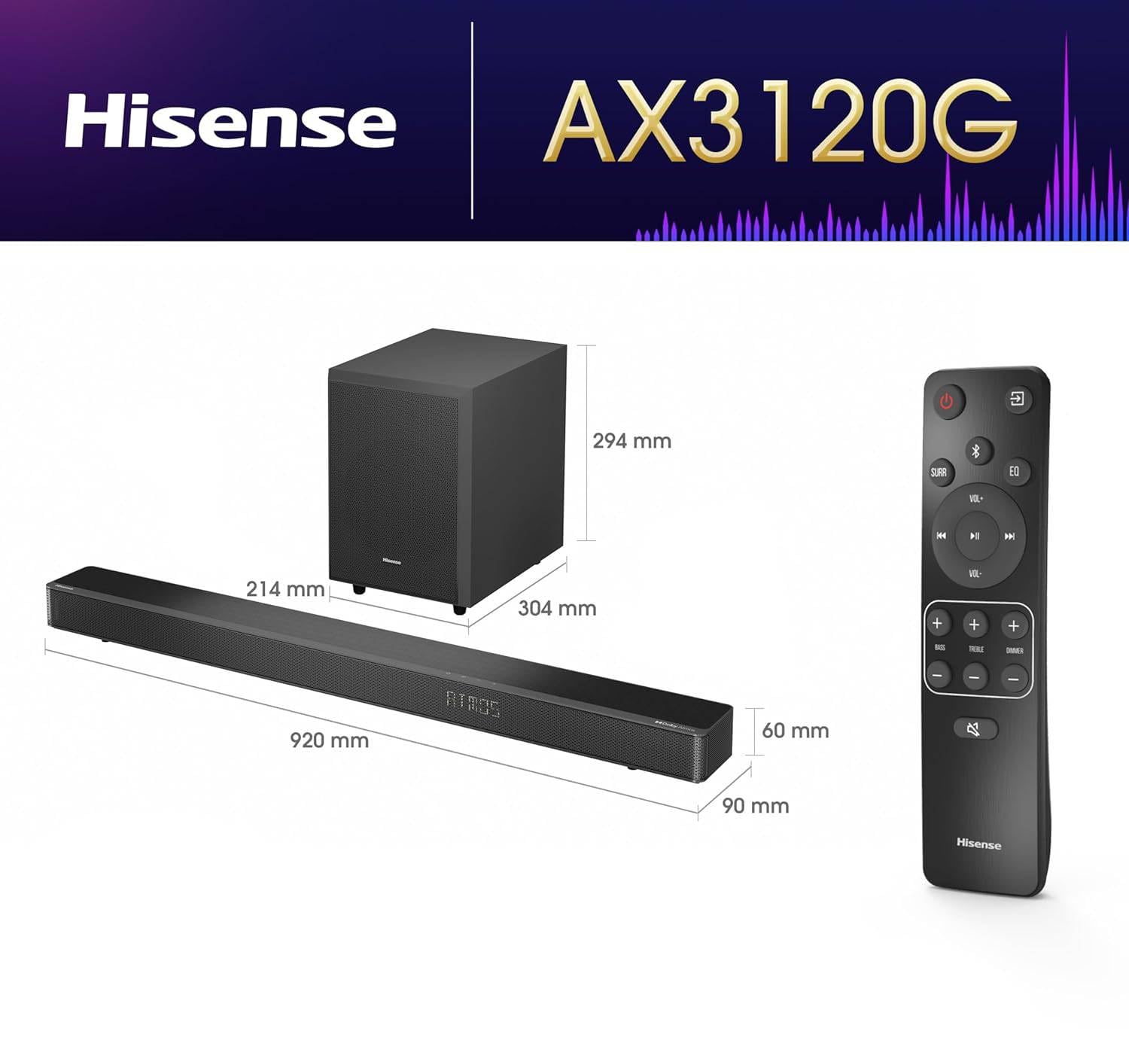 Hisense AX3120G Soundbar 3.1.2, 360W, 2 altoparlanti upfiring, Subwoofer Esterno wireless, Supporta Dolby Atmos e DTS:X, Bluetooth, HDMI, USB, Ingresso Audio Ottico