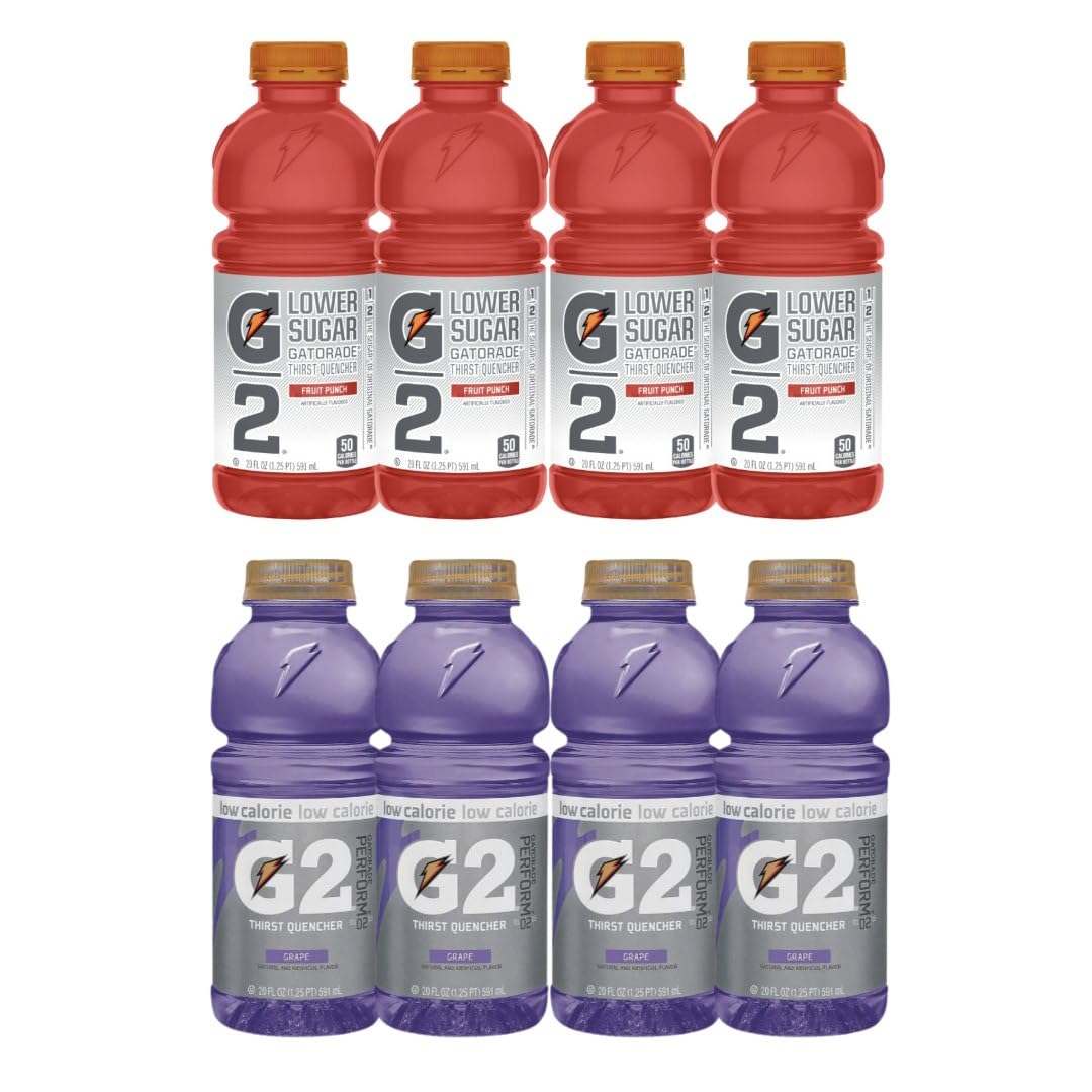 Gatoraide Low-Sugar, Variety Pack, Sport Drink, Hydration Beverage, Grape + Fruit Punch, 20 Fl Oz Bottles (Pack of 8), Replenishes Electrolytes and