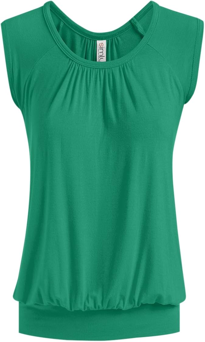 Short Sleeve Top Loose Fit Top for Women Scoop Neck Gathered Banded Shirt - USA