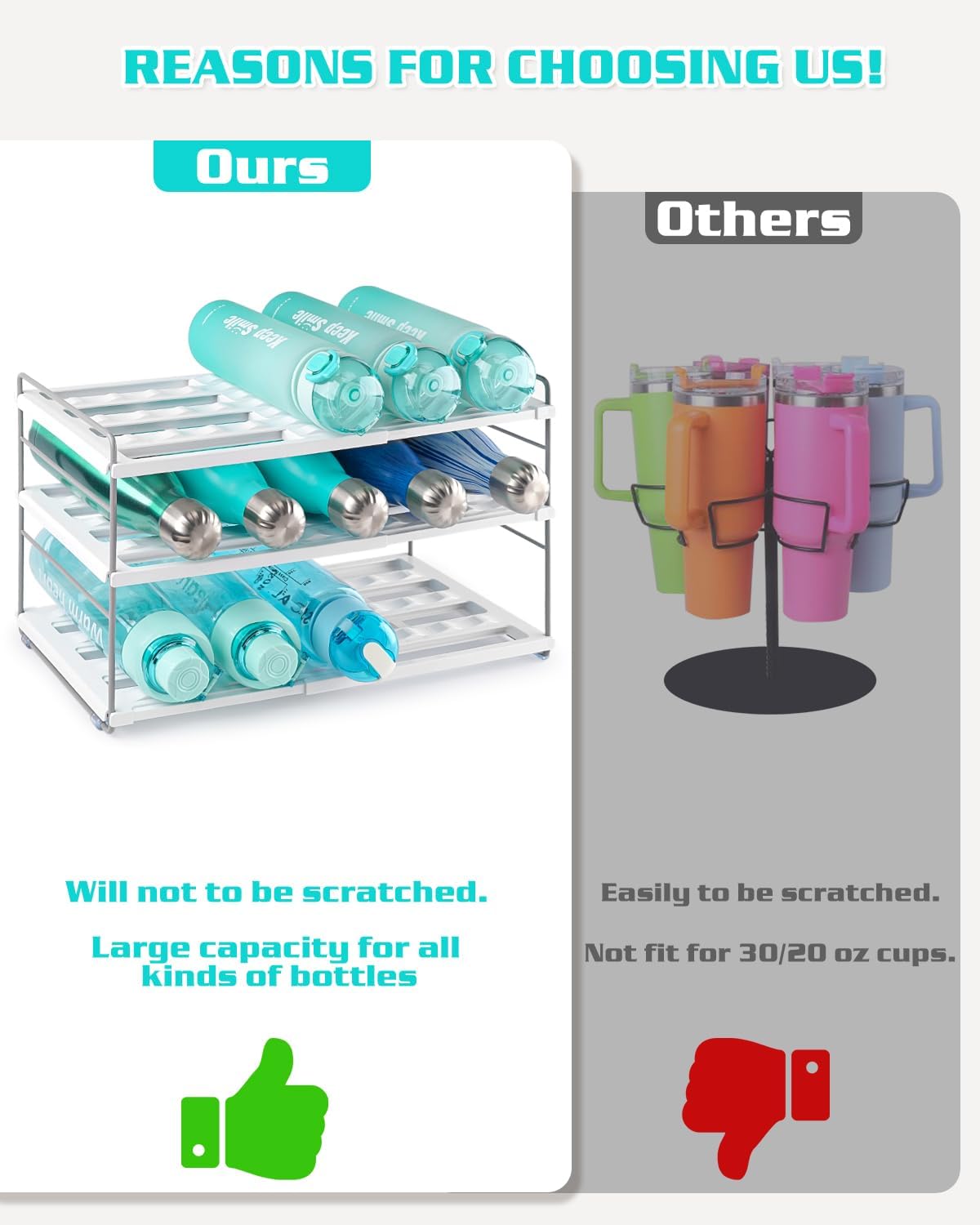 Cirhy Water Bottle Organizer Holder for Cabinet, 3 Tier Expandable Water Bottle Storage Rack for Tumbler Travel Mug Cup Kitchen Pantry Organization and Storage for Stanley Cup - Image 3