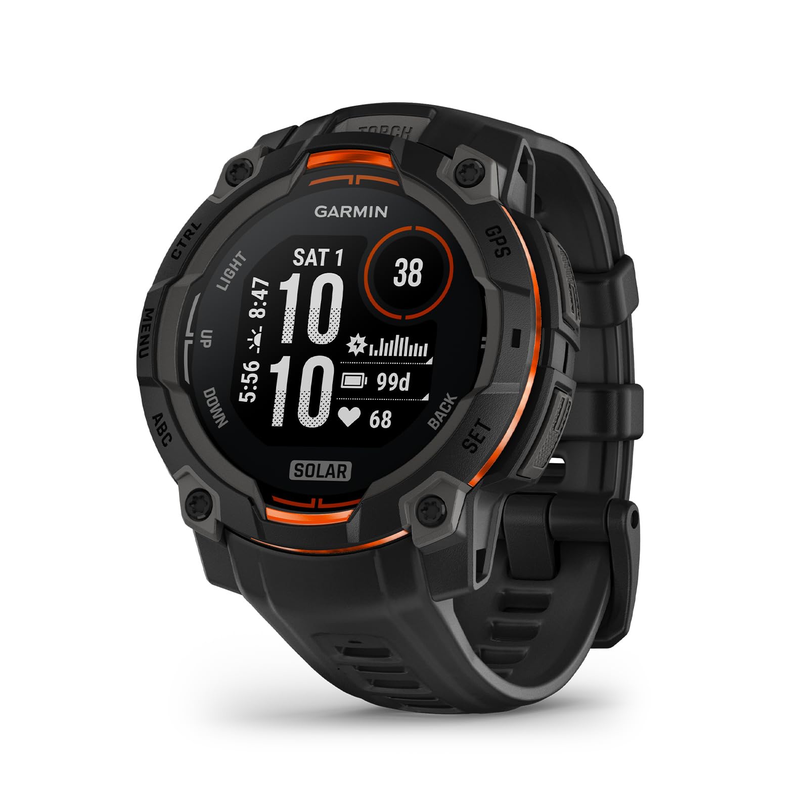 Garmin Instinct 3 45 mm Solar GPS Multisport Smartwatch, 0.9 Inch Display, Up to 28 Days Battery Life, 80+ Sports Apps, Navigation Function, Smart Features, LED Torch, Waterproof