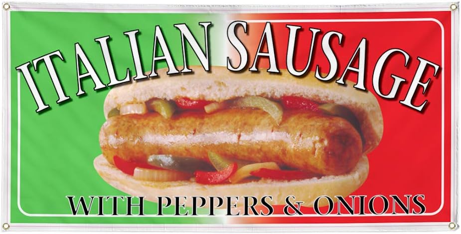 Vinyl Banner Multiple Sizes Italian Sausage Restaurant Cafe Bar B Restaurant & Food Outdoor Weatherproof Industrial Yard Signs Brown 4 Grommets 24x36Inches