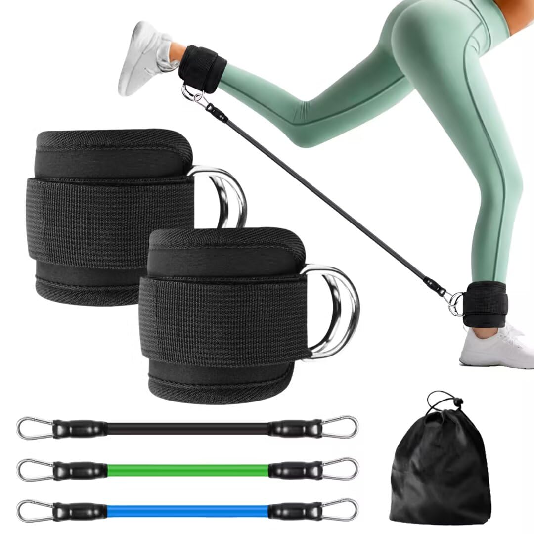 Resistance Bands set, 10/20/30 lbs, Padded Ankle Cuffs Double D-Ring, Storage Bag, Elastic Exercise Bands for Legs Glutes Core, Home Gym Workout Bands for Hip Thrust Pilates Full Body Training
