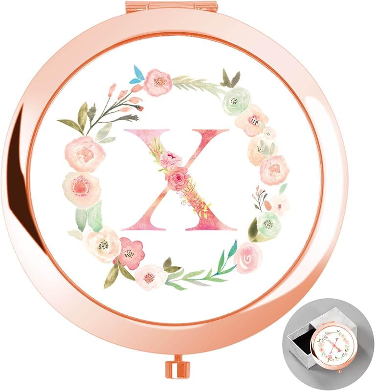 Espelho compacto redondo boutikpro com inicial X e estojo, Rose Gold