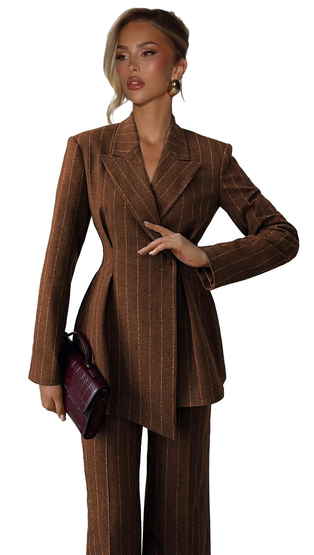 Pinstripe Suits for Women 2 Pieces Slim Fit Peak Lapel Tweed Womens Suit Business Casual Pant Suits for