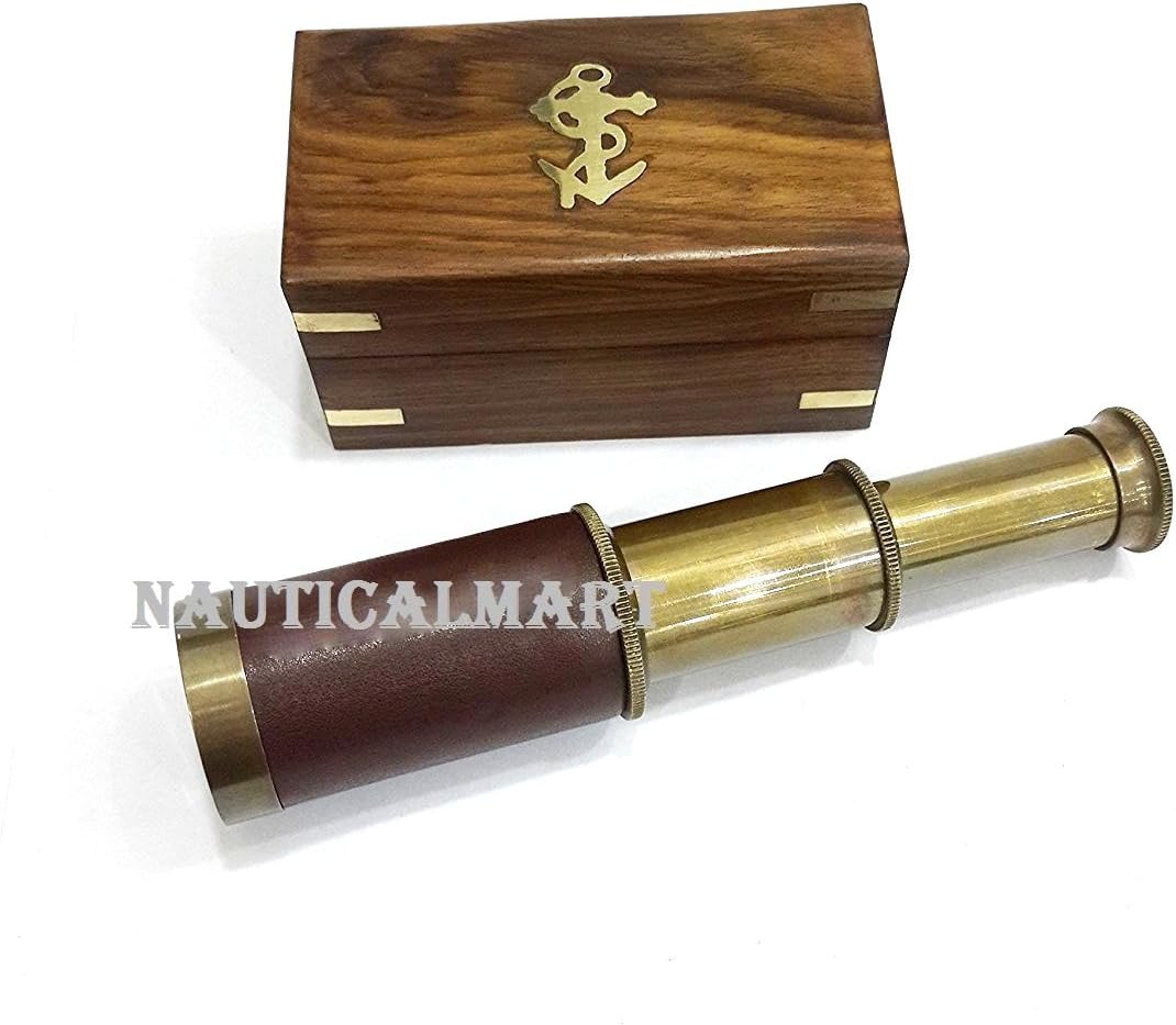Nautical Handheld Pirate Antique Brass Telescope Brown Leather with Wooden Box Pirate Navigation