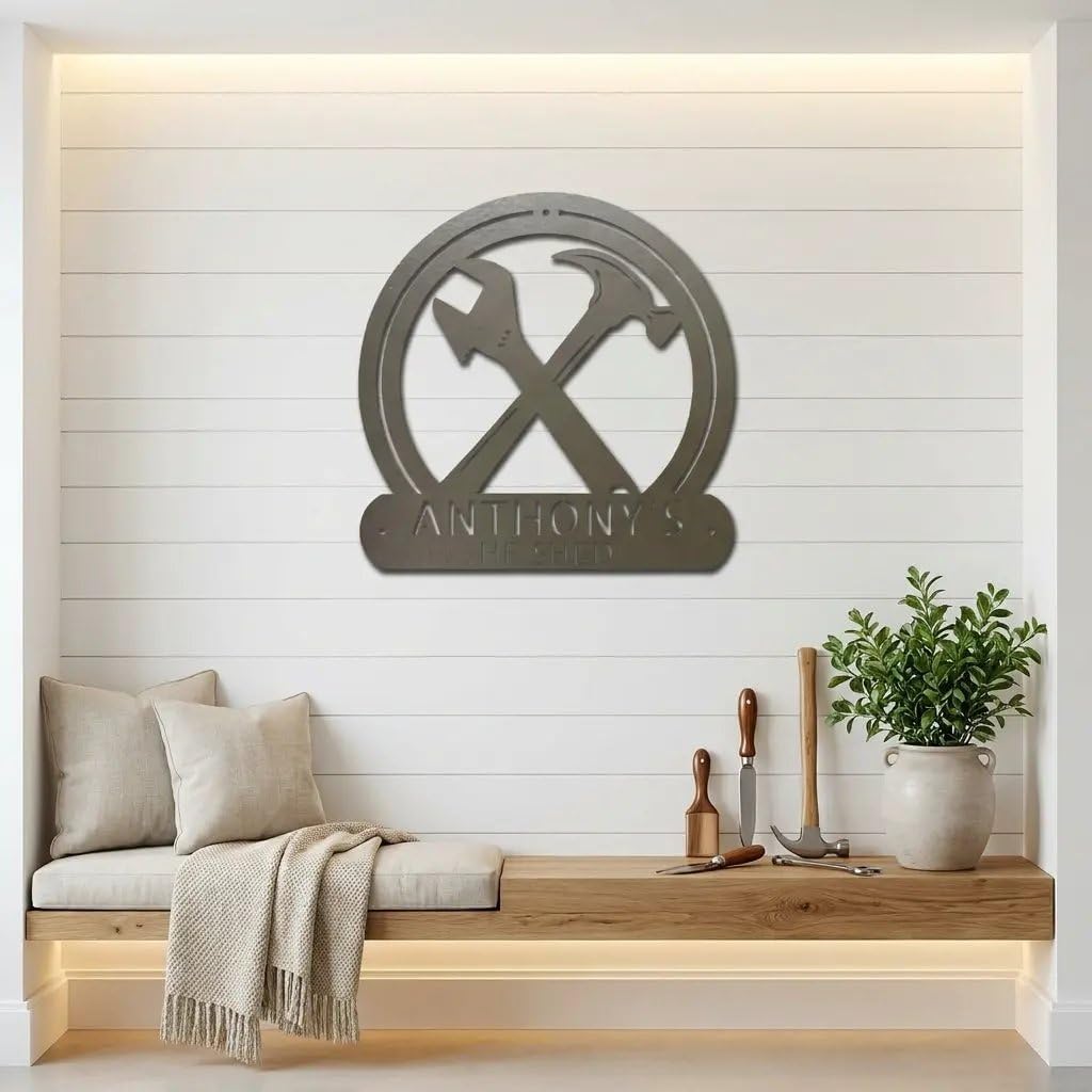 Personalized He Shed Metal Sign – Custom Workshop & Garage Wall Decor – Hammer & Wrench Metal Wall Art – Personalized Man Cave Sign – Tool Shed Decor – Made in USA Stone / 12"