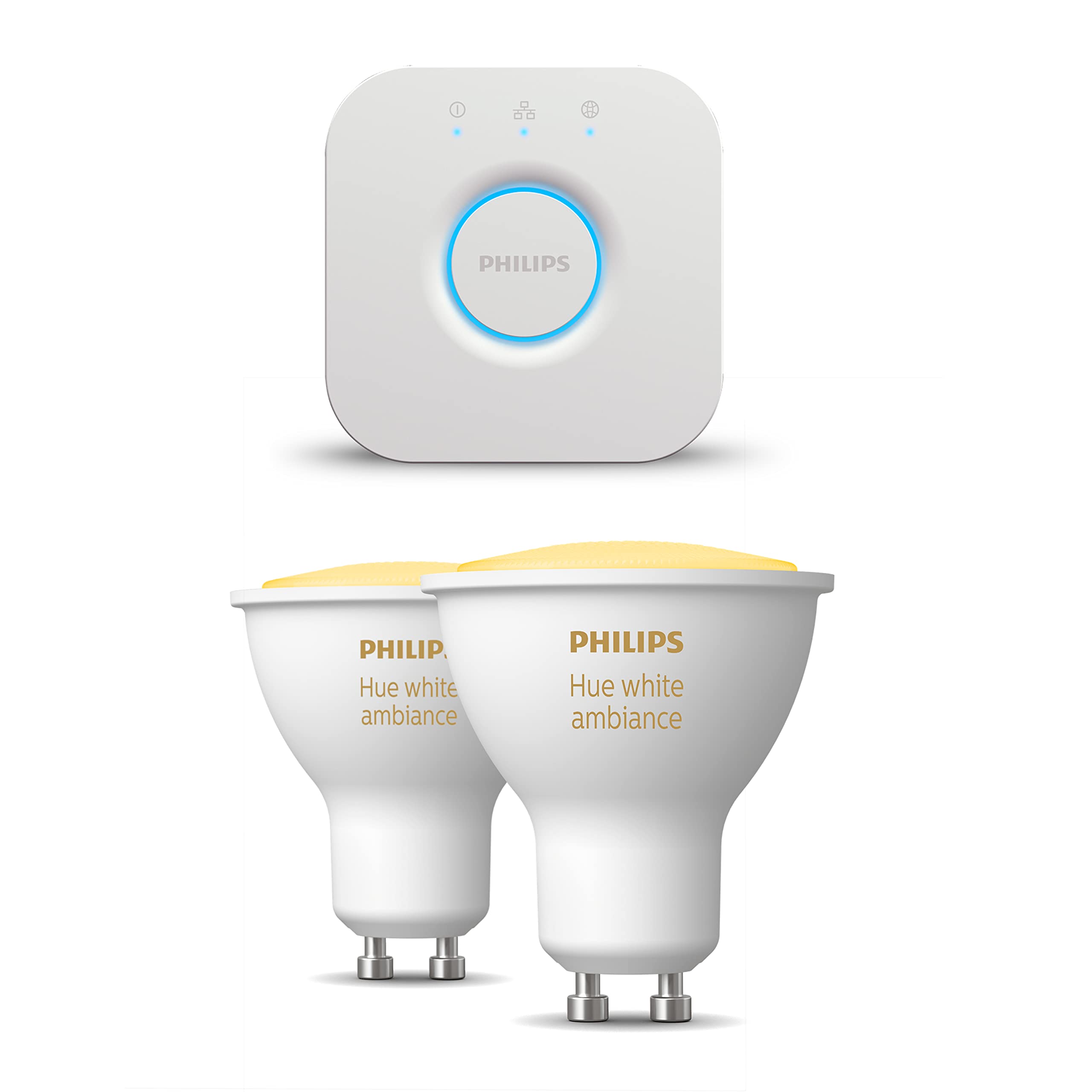 Philips Hue Starterpaket - GU10 - mit 2 Spots - Warm bis Kaltweißes Licht - inkl. 1 Hue Bridge - Hue White Ambiance